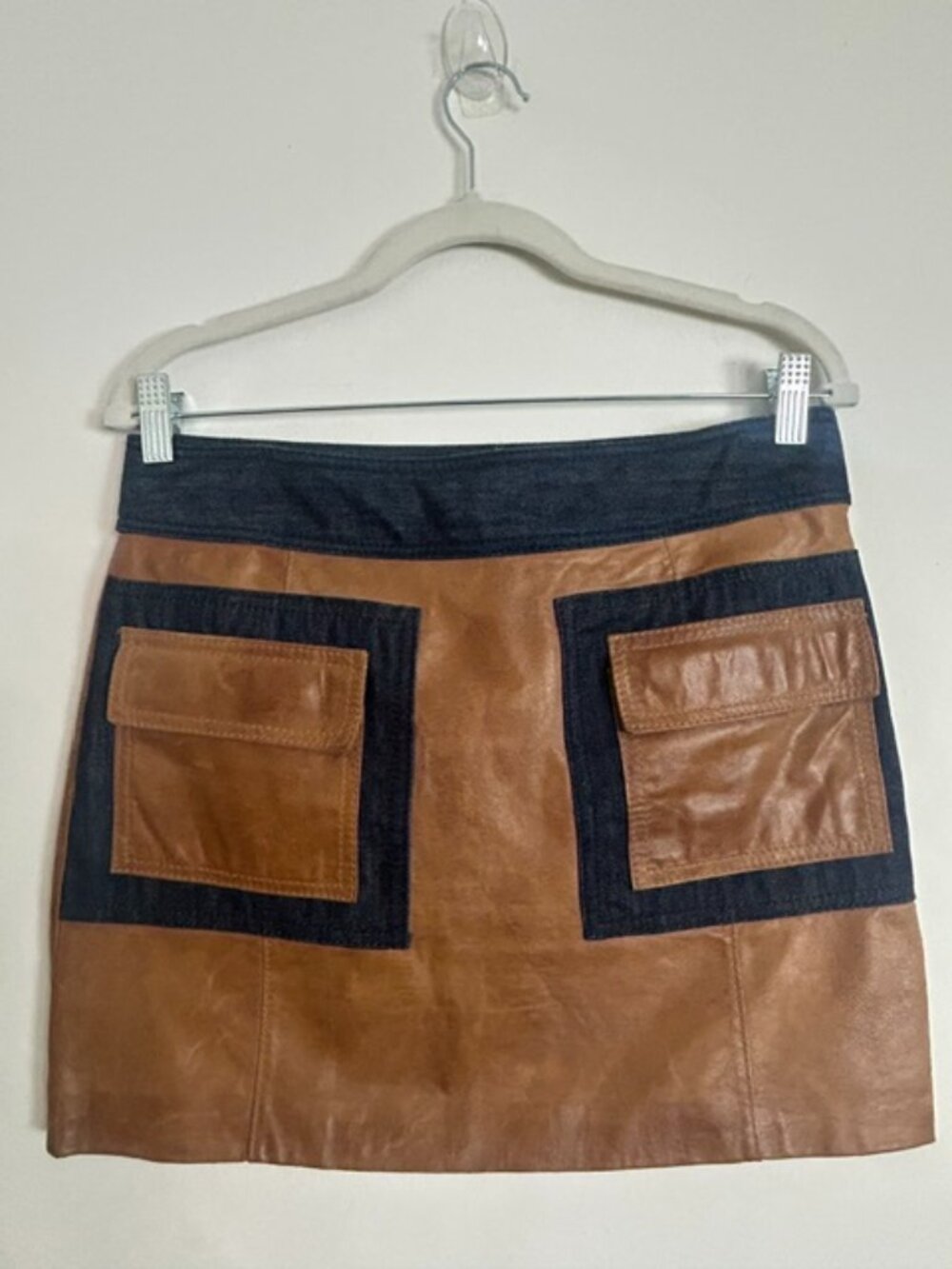 Michael Kors Genuine Leather and Denim Lined Pocket Side Zip Cargo Mini Skirt